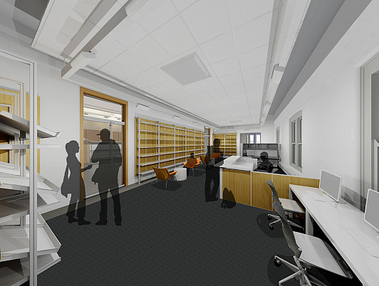 Rendering of the new King & King Architecture Library in Slocum Hall (King & King Architects)